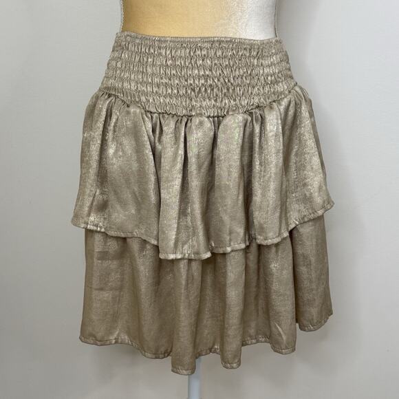 NWT Sofia Made In Italy Orleans Smocked Tiered Mini Skirt One Size Gold - Picture 4 of 13